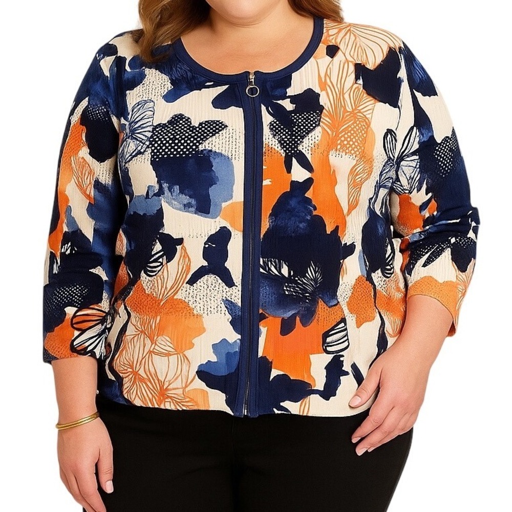 Gelco‎ European Seaside Holiday Floral Long Sleeve Full Zip Cardigan Size M NWT